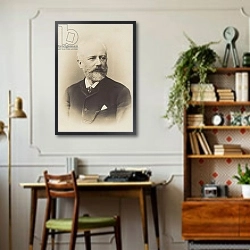 «Portrait of Pyotr Ilyich Tchaikovsky 1» в интерьере кабинета в стиле ретро над столом