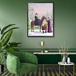 «Lady on Horseback» в интерьере гостиной в зеленых тонах