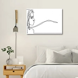 «Портрет красивой девушки одной линией» в интерьере белой спальни в скандинавском стиле