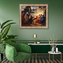 «Job Being Scolded by his Wife, c.1790» в интерьере гостиной в зеленых тонах