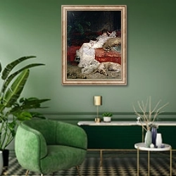 «Sarah Bernhardt 1876» в интерьере гостиной в зеленых тонах