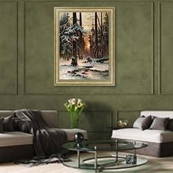 «Зимний закат в еловом лесу. 1889» в интерьере гостиной в оливковых тонах