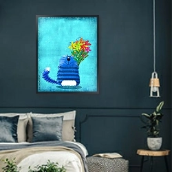 «Большой синий полосатый кот с цветами» в интерьере классической спальни с темными стенами