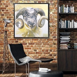 «Long Horn Sheep» в интерьере кабинета в стиле лофт с кирпичными стенами