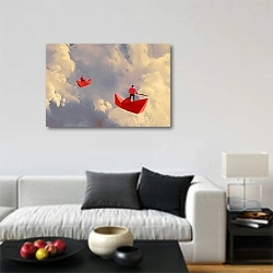«Красные бумажные кораблики в небе» в интерьере гостиной в стиле минимализм в светлых тонах