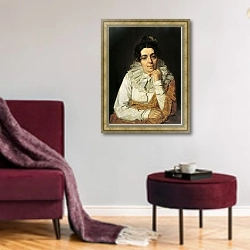«Портрет М.А.Венециановой. 1810-е» в интерьере гостиной в бордовых тонах