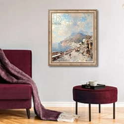 «Gulf of Salerno, Amalfi,» в интерьере гостиной в бордовых тонах
