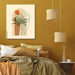 «Мужской силуэт на фоне тропиков» в интерьере спальни  в этническом стиле в желтых тонах