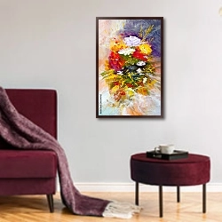 «Абстрактная картина с букетом летних цветов» в интерьере гостиной в бордовых тонах