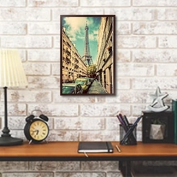 «Париж, Франция. Улица с видом на Эйфелеву башню» в интерьере кабинета в стиле лофт над столом