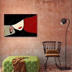 «Девушка в шляпе 3» в интерьере комнаты в стиле поп-арт с оранжевой стеной
