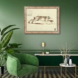 «A Hare Running, With Ears Laid Back» в интерьере гостиной в зеленых тонах
