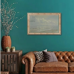 «Thunderheads at Sea: The Pearl, 1871» в интерьере гостиной с зеленой стеной над диваном