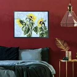 «Sunflowers, 1996» в интерьере спальни с акцентной стеной