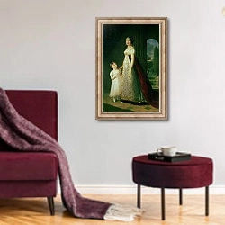«Maria Carolina Bonaparte Queen of Naples with her daughter Laetitia Murat, 1807» в интерьере гостиной в бордовых тонах