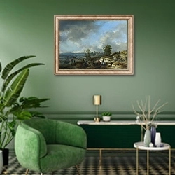 «Песчаный пейзаж с рекой и людьми» в интерьере гостиной в зеленых тонах