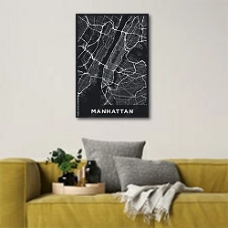 «Темная карта Манхеттена» в интерьере в скандинавском стиле с желтым диваном