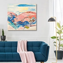 «Red Rocks» в интерьере современной гостиной над синим диваном