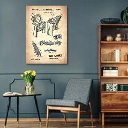«Патент на театральное откидное кресло, 1965г» в интерьере гостиной в стиле ретро в серых тонах