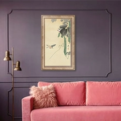 «Bird at flowering bean plant» в интерьере гостиной с розовым диваном
