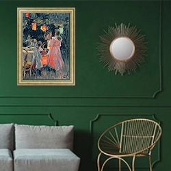 «Chinese Lanterns, 1910» в интерьере классической гостиной с зеленой стеной над диваном