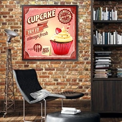 «Ретро плакат с клубничным капкейком» в интерьере кабинета в стиле лофт с кирпичными стенами