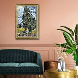 «Кипарисы и две женские фигуры» в интерьере классической гостиной над диваном