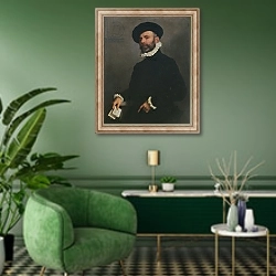 «Portrait of a Man holding a Letter, c.1570-75» в интерьере гостиной в зеленых тонах