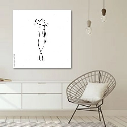 «Одинокая девушка в широкополой шляпе» в интерьере белой комнаты в скандинавском стиле над комодом