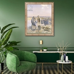 «The End of the Day, 1888» в интерьере гостиной в зеленых тонах