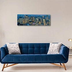 «Вид на ночной Манхэттен, Нью-Йорк» в интерьере современной гостиной с синим диваном