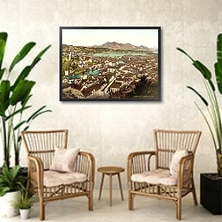 «Швейцария. Вид на гору Риги и город Люцерн» в интерьере комнаты в стиле ретро с плетеными креслами
