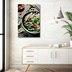«Лапша с овощами» в интерьере комнаты в скандинавском стиле над тумбой