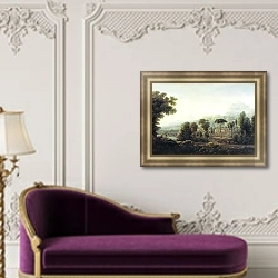 «Вид Сицилии. Горы. 1811» в интерьере гостиной в бордовых тонах