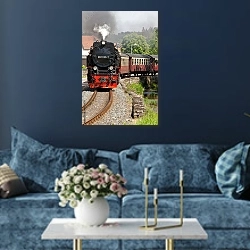 «Германия. Железная дорога в Вернигероде» в интерьере современной гостиной в синем цвете