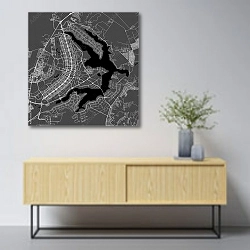 «План города Бразилиа, Бразилия, в черном цвете» в интерьере в скандинавском стиле над тумбой