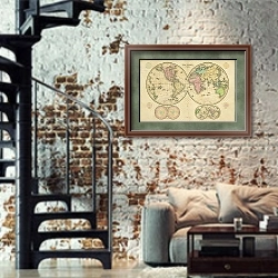 «Карта мира в виде полушарий, 1835 г. 1» в интерьере двухярусной гостиной в стиле лофт с кирпичной стеной