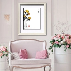 «Винтажная японская ваза с желтыми цветами хризантемы» в интерьере гостиной в стиле прованс над диваном