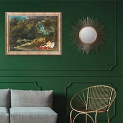 «Нимфы напуганы Сатирами» в интерьере классической гостиной с зеленой стеной над диваном