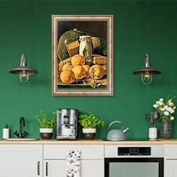 «Still Life of Oranges, Watermelon, a Pot and Boxes of Cake» в интерьере кухни с зелеными стенами