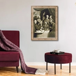 «The Dilettanti Society, engraved by William Say, 1812» в интерьере гостиной в бордовых тонах