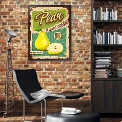 «Ретро плакат с грушей 1» в интерьере кабинета в стиле лофт с кирпичными стенами
