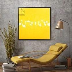 «Yellow journey» в интерьере двухярусной гостиной в стиле лофт с кирпичной стеной