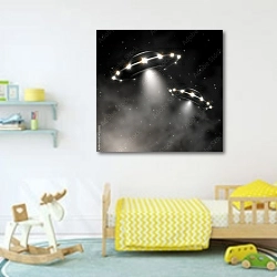 «Два НЛО в тумане» в интерьере детской комнаты для мальчика с игрушками