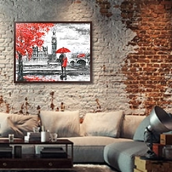«Пара под красным зонтиком в Лондоне» в интерьере гостиной в стиле лофт с кирпичной стеной