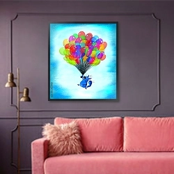 «Котенок летающий на воздушных шарах» в интерьере гостиной с розовым диваном