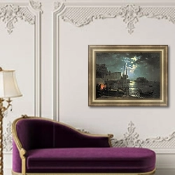 «Лунная ночь в Неаполе. 1828» в интерьере гостиной с розовым диваном