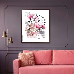 «Абстракция с розовым фламинго 2» в интерьере гостиной с розовым диваном