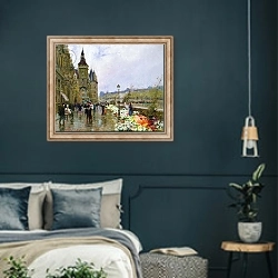 «Flower Sellers by the Seine» в интерьере классической спальни с темными стенами