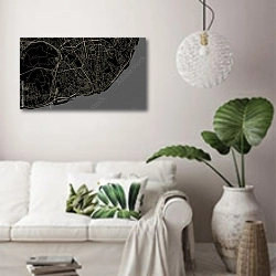 «План города Лиссабон, Португалия, в черном цвете» в интерьере светлой гостиной в скандинавском стиле над диваном